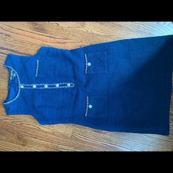 Karl Lagerfeld Paris navy Tweed Mini shift Dress Pearl Chain Sz 6 - Picture 8 of 11